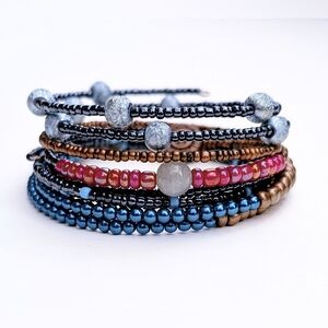 Handmade Stackable Beaded Memory Wire Bracelets, Set of 4